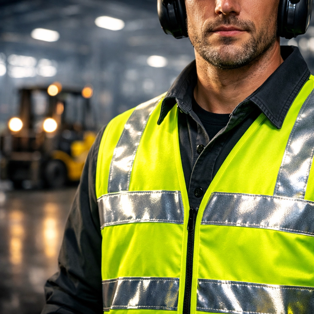 Yellow hi vis vest worn by a man wearing ear defenders